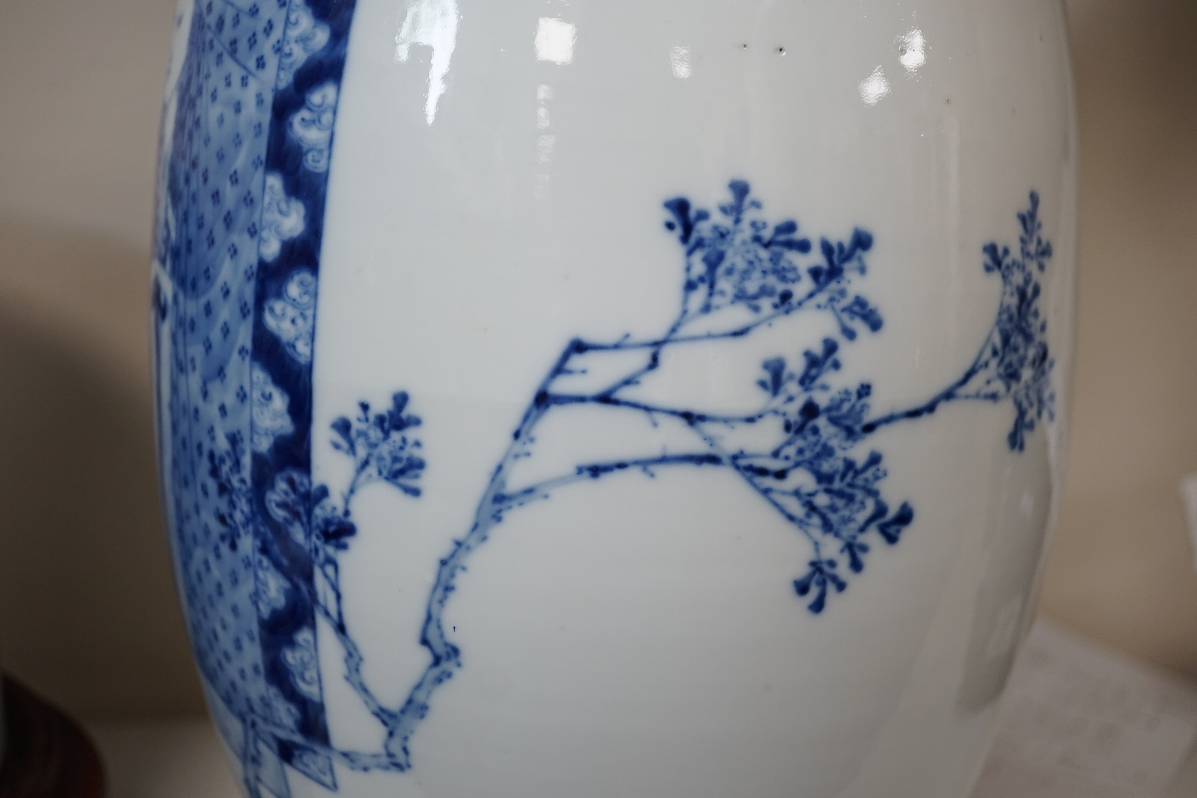 A large Chinese blue and white ovoid vase, early 20th century, firing crack